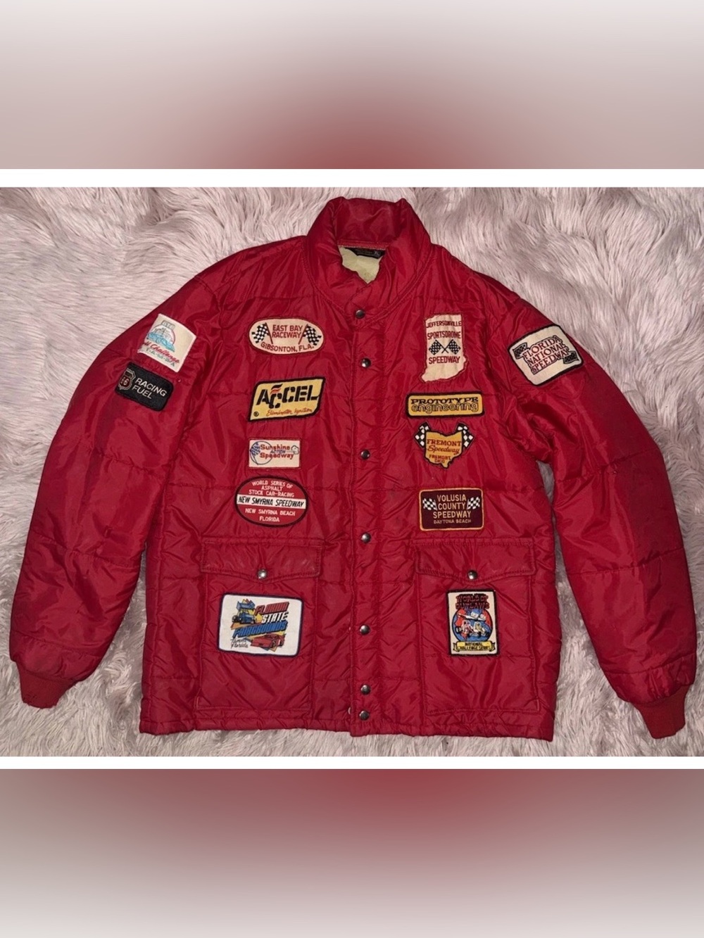 Vintage Swingster Puffer Racing Jacket Florida Racing Patches Size XL USA Made